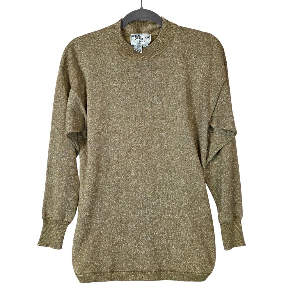 Vintage Metallic Gold Tone Chic High Neck Sweater L Shimmer Holiday Office Party